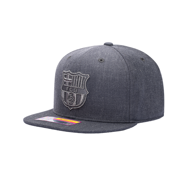 Side view of the FC Barcelona Platinum Snapback in Grey, with high crown and flat peak.