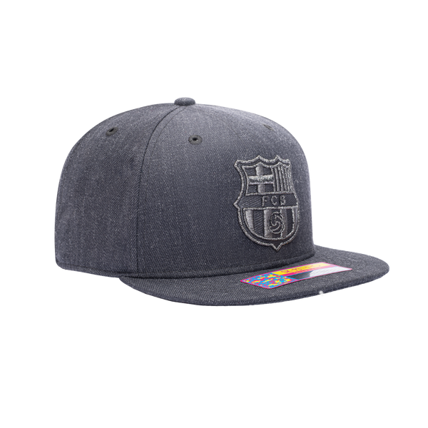 Side view of the FC Barcelona Platinum Snapback in Grey, with high crown and flat peak.