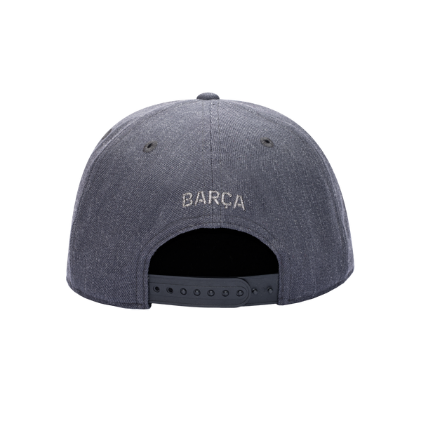 Back view of the FC Barcelona Platinum Snapback in Grey, with high crown and flat peak.