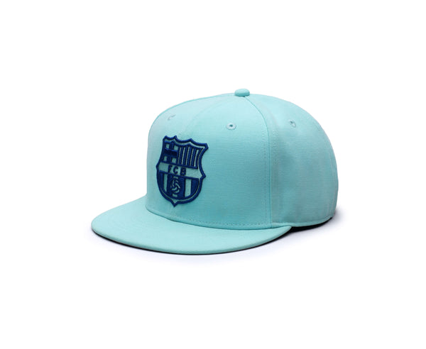 View of Left side of Green/blue Products FC Barcelona Retro Capsule Snapback Hat