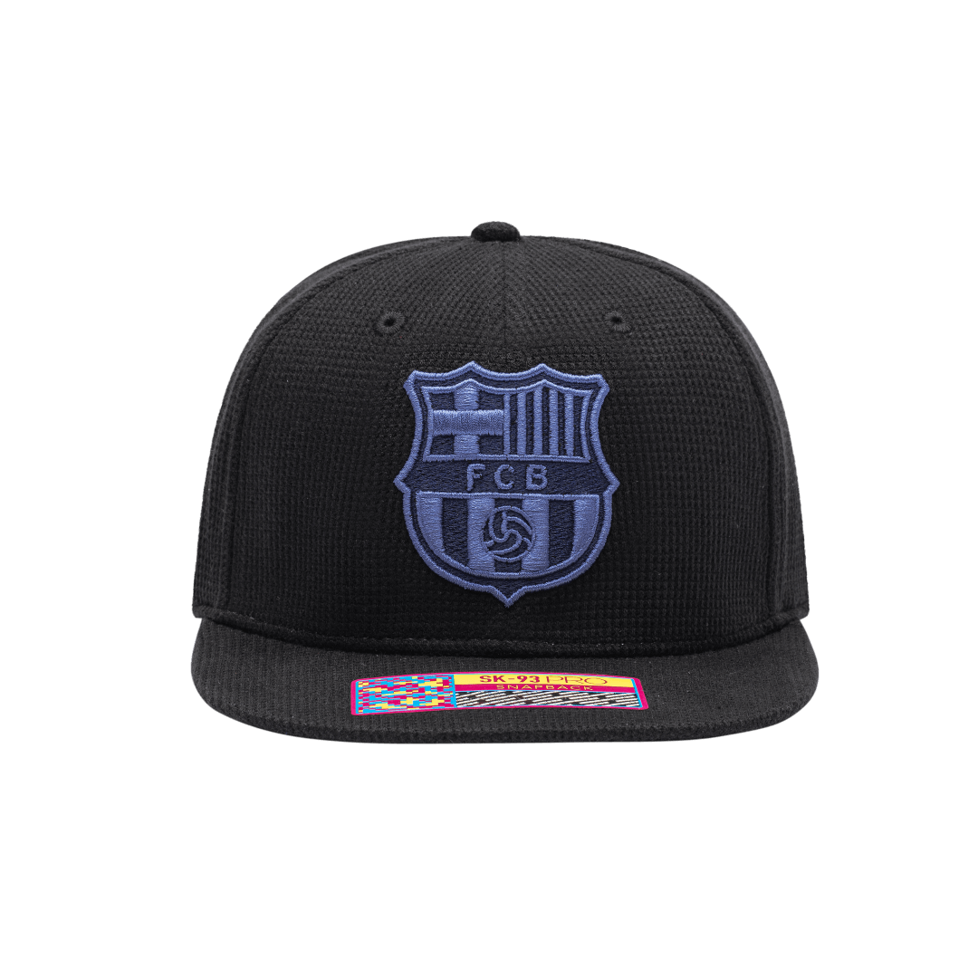 FC Barcelona Club Ink Snapback with high crown, flat peak brim, and snapback closure, in Black