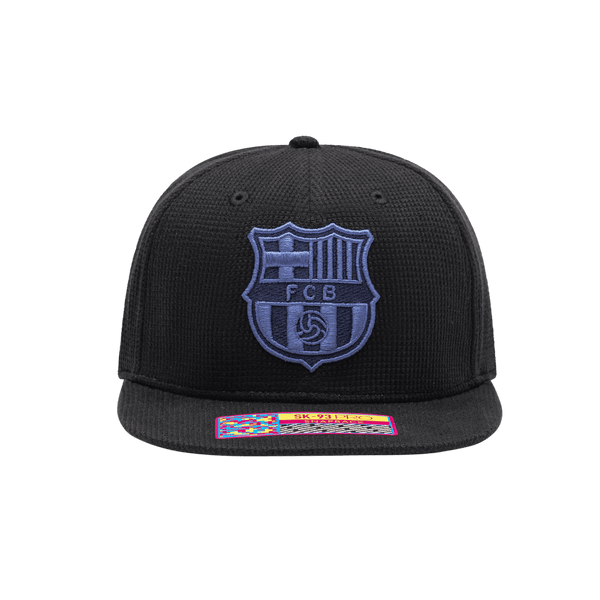 FC Barcelona Club Ink Snapback with high crown, flat peak brim, and snapback closure, in Black