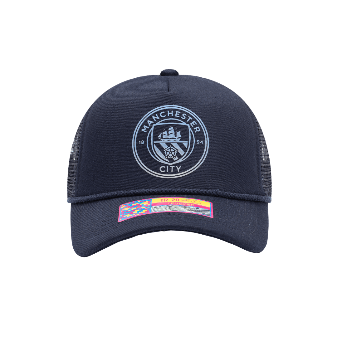 Manchester City Atmosphere Trucker with mid crown, curved peak brim, mesh back, and snapback closure, in Navy