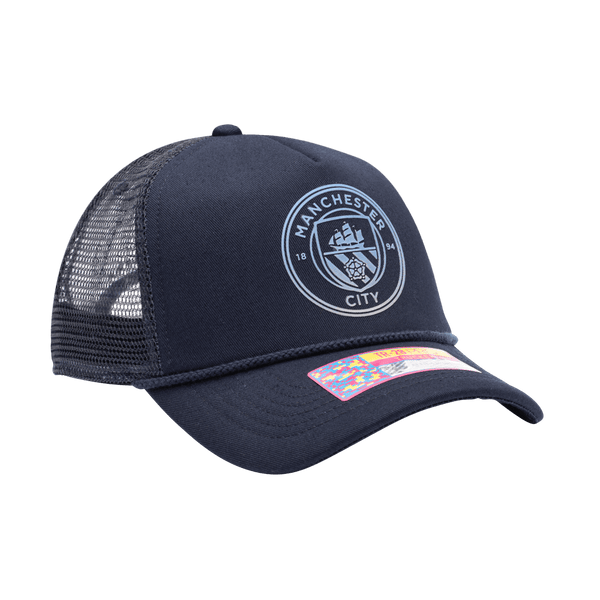 Manchester City Atmosphere Trucker with mid crown, curved peak brim, mesh back, and snapback closure, in Navy