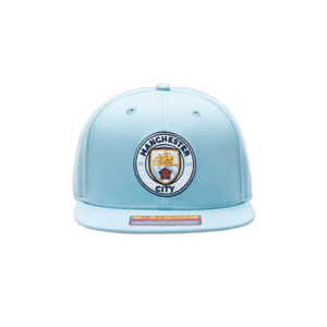 Manchester City Dawn Snapback hat with high crown, flat peak brim, and adjustable snapback closure.